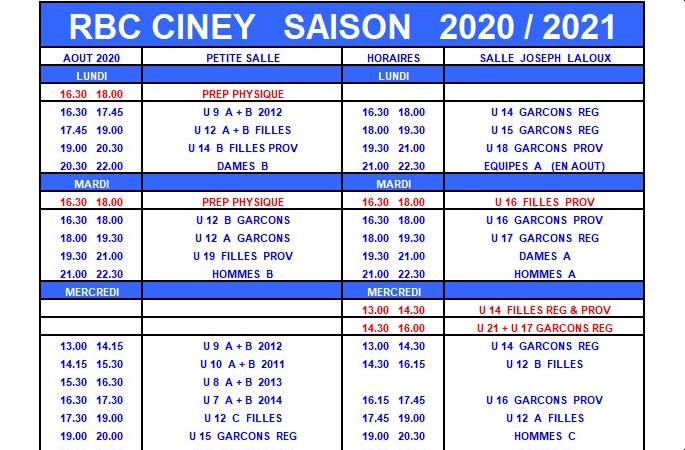 Horaire des entraînements 2020-2021