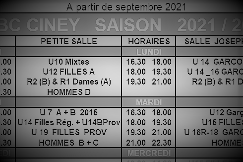 Nouvel Horaire des entraînements 2021-2022