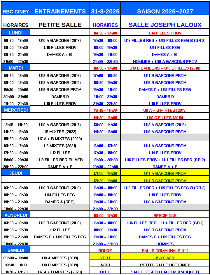 -version du 31 août - Horaire des entraînements
