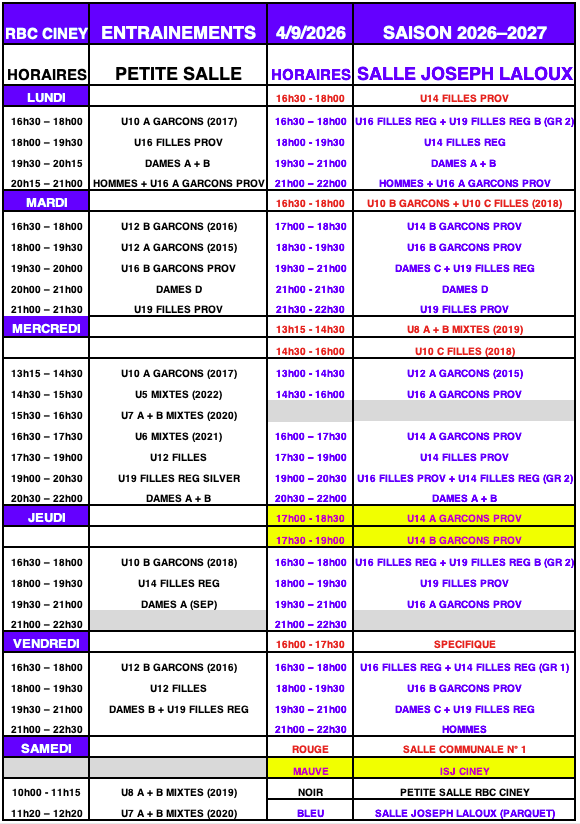 -version du 04 septembre - Horaire des entraînements